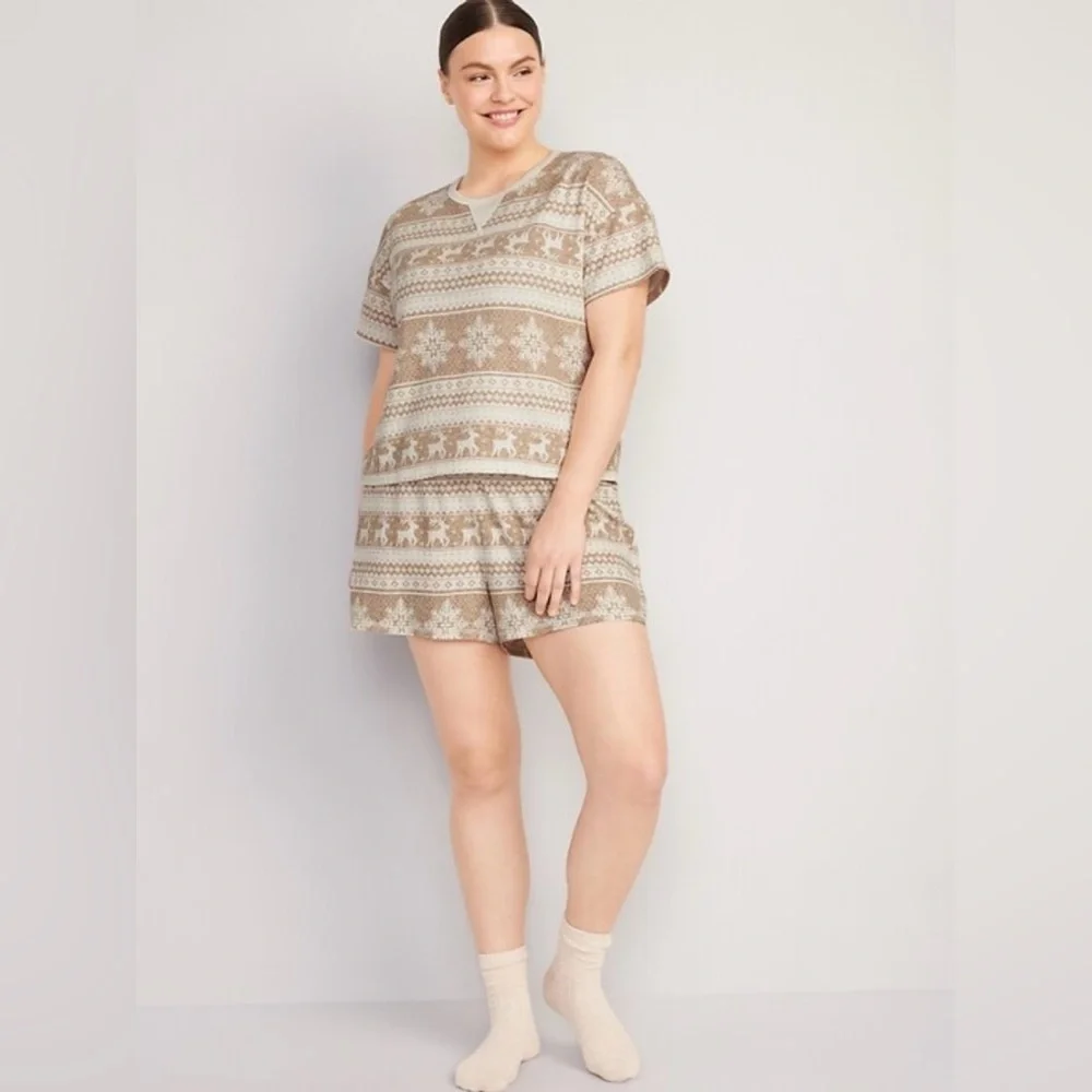 Old Navy Women’s Waffle Knit Pajama‎ Shorts Set Jingle Jammies Tan & White SZ XL